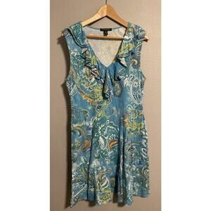 Lauren Ralph Lauren Women Knee Length Dress XL Blue Paisley Pleated Ruffle Artsy